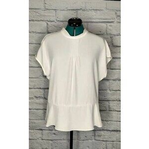 Dkny Women Peplum Top White Short Sleeve Flutter Mock Neck Pleated Keyhole L New